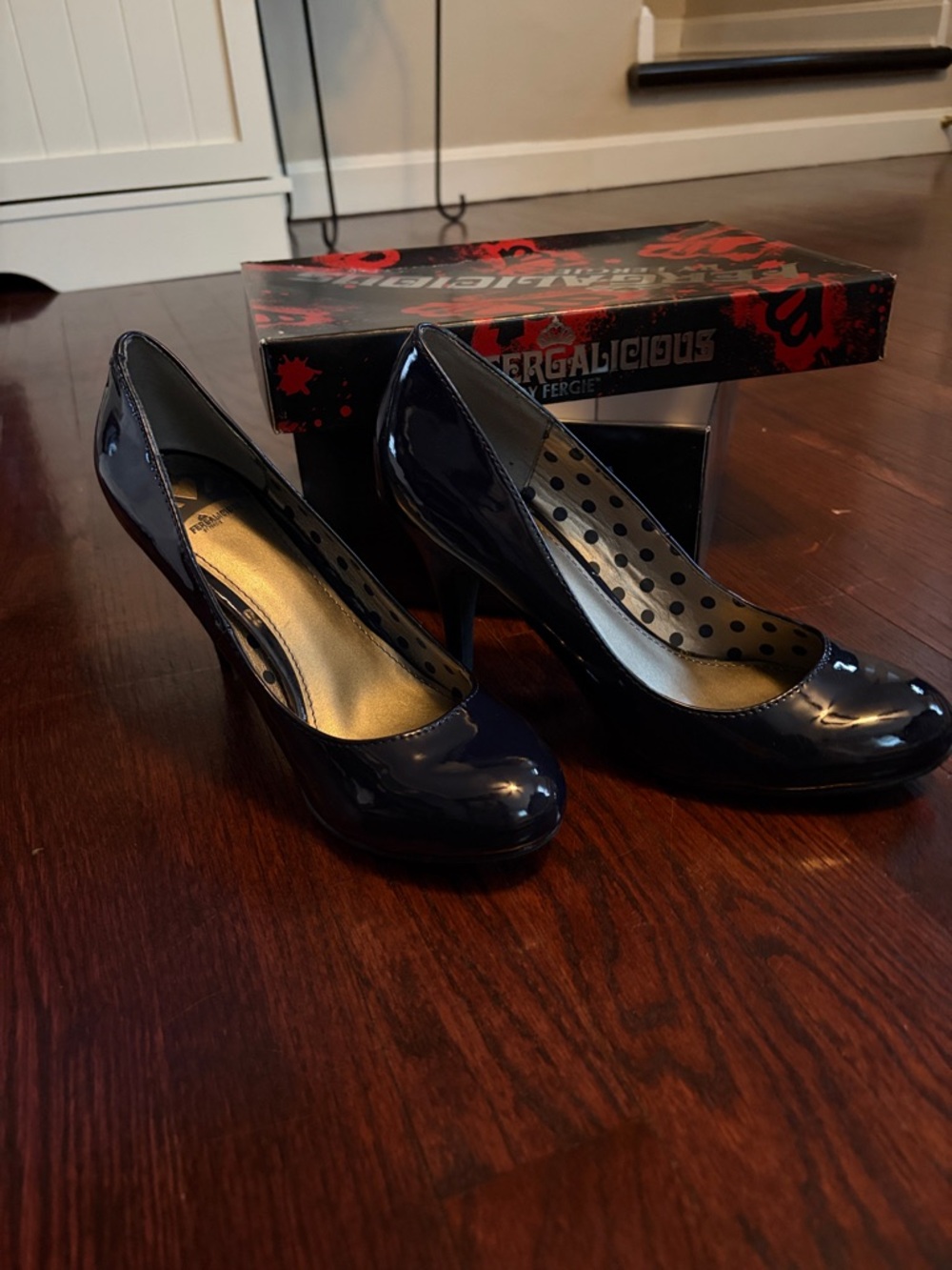 Fergalicious Navy Patent Round Toe Heels